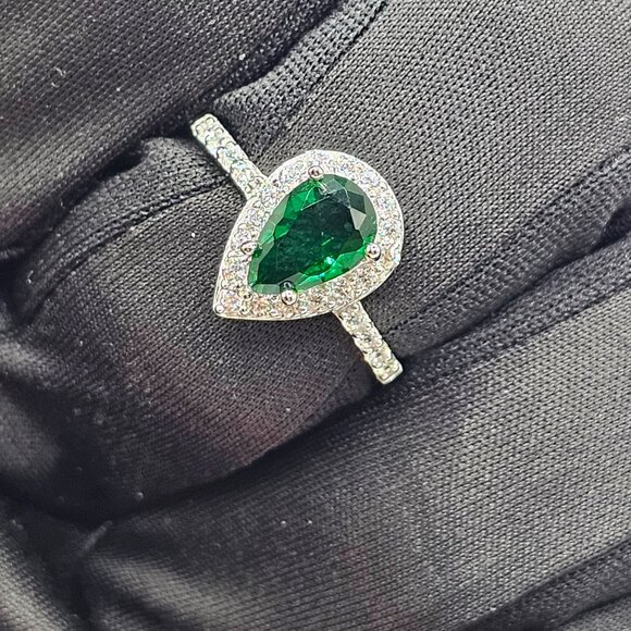 Sterling Silver 925 Rhodium Plated Teardrop Emerald and Clear CZ Ring - Picture 7 of 10